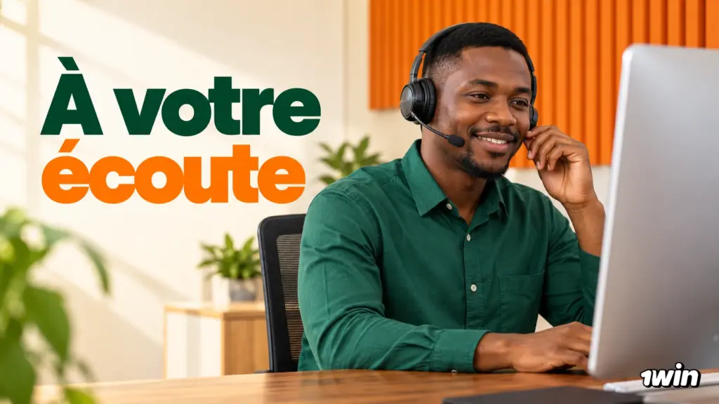 Conseiller portant un casque devant un ordinateur, avec le message À votre écoute.