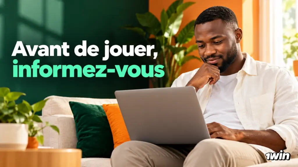 Homme adulte consultant un ordinateur avec un rappel de s’informer avant de jouer